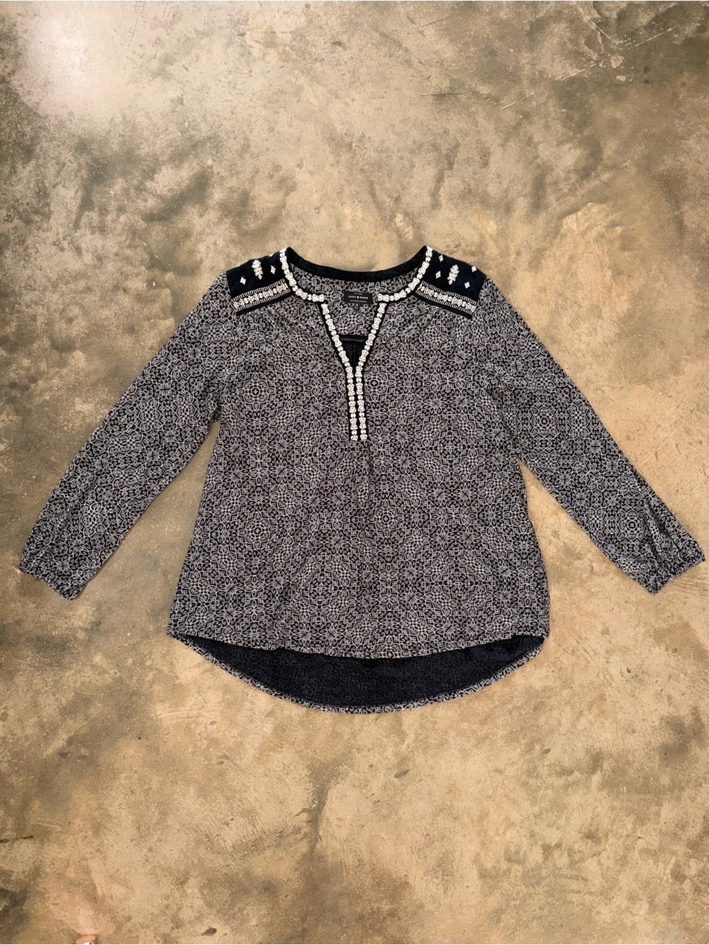 Lucky Brand Embroidered Boho Tunic Top Black White Print 1X Long Sleeve Plus